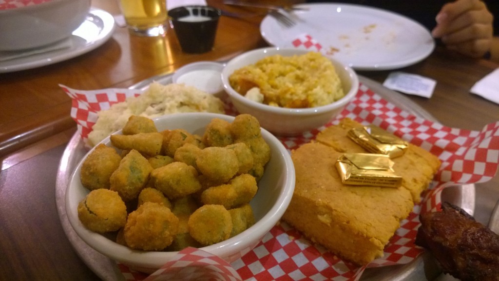 baldy's - okra, corn pudding, mashed potatoes, cornbread